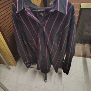 Lane Bryant Black and Pink Striped Button-Down Shirt
